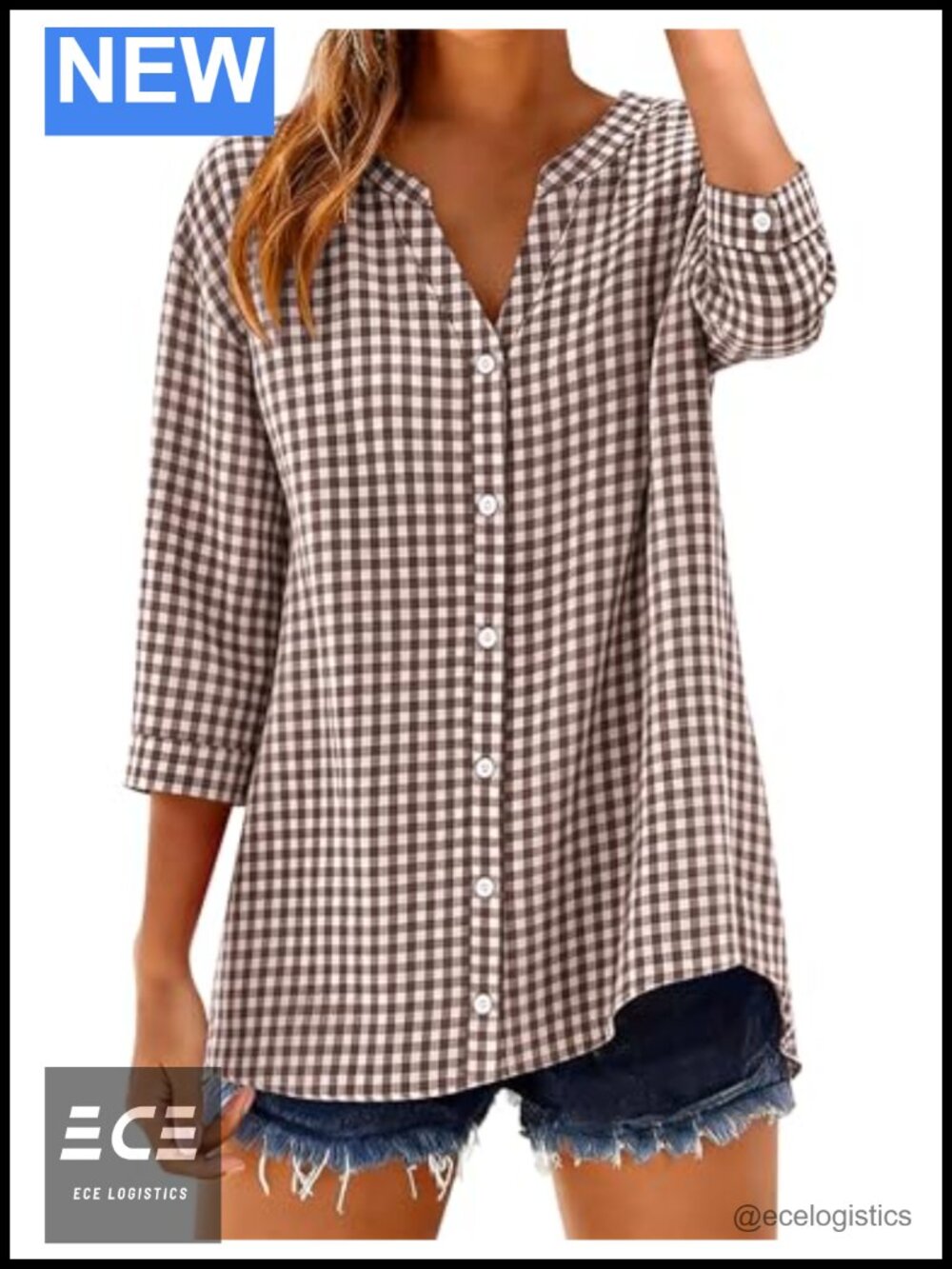 Womens 3/4 Sleeve Cotton Button Down Shirt Gingham Plaid V Neck Blouse